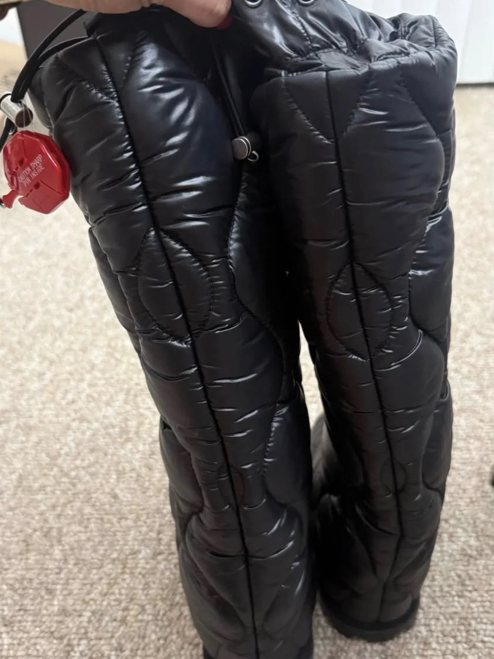 Miu Miu Black Quilted Nylon Knee Boots with Drawstring Detail